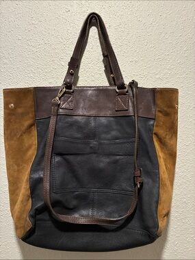 Two-Tone Leather & Suede Tote Bag - Black and Brown
